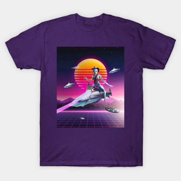 Cowboy Space Alien Riding Laser Shark T-Shirt by Random Galaxy